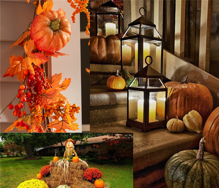 A collage of fall porch decorations
