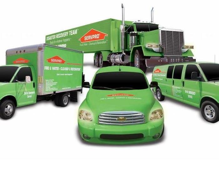A Servpro ad featuring 4 of the different kinds of vehicles we use in our every day services.